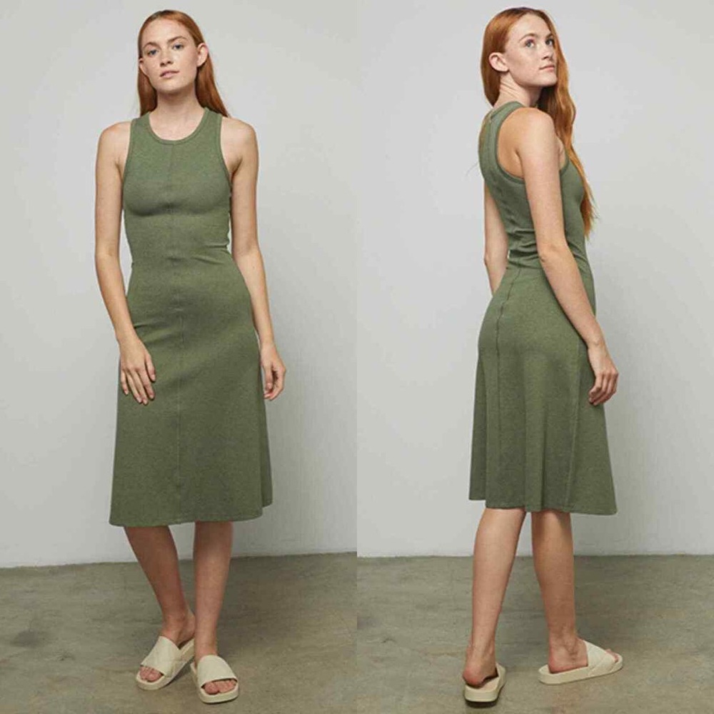 NEW Lunya Restore Fitted Midi Dress in Humble Green Size Small